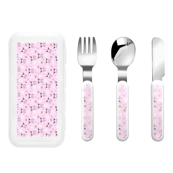 Honeii Rabbit Face Print Children's Knife, Fork And Spoon Set,Reusable Utensils Set with Case,Travel Cutlery Set,for Kids Adults Camping