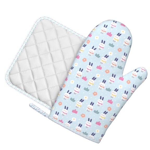 Honeii Rabbit In The Rain patten Oven Mitts and Pot Holders Sets, Baker Oven Mitts, Mittens for Kitchen Decor, Baking Lover over Gloves Gifts
