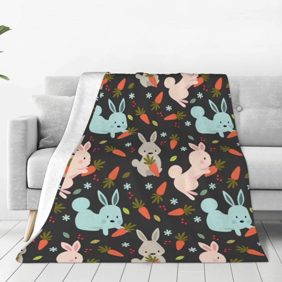 Honeii Rabbit Is Eating Carrots Print Fleece Blanket - Throw Blanket for Bed, Sofa, Couch, Camping, and Travel , Microplush Ultra Soft Warm Blanket-60"x50"