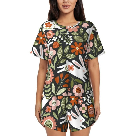 Honeii Rabbits on Floral for Women's Summer Pajama Set featuring Soft Short Sleeve Shirt & Matching Bottoms with Convenient Pockets for Relaxed Home Wear-Medium