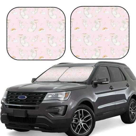 Honeii Rainboe And Rabbit Print Foldable Car Sun Shade for Windshield, 2-Piece UV Protection Shade, Protects Car Interior, Ideal for Cars, Trucks, SUVs-Large