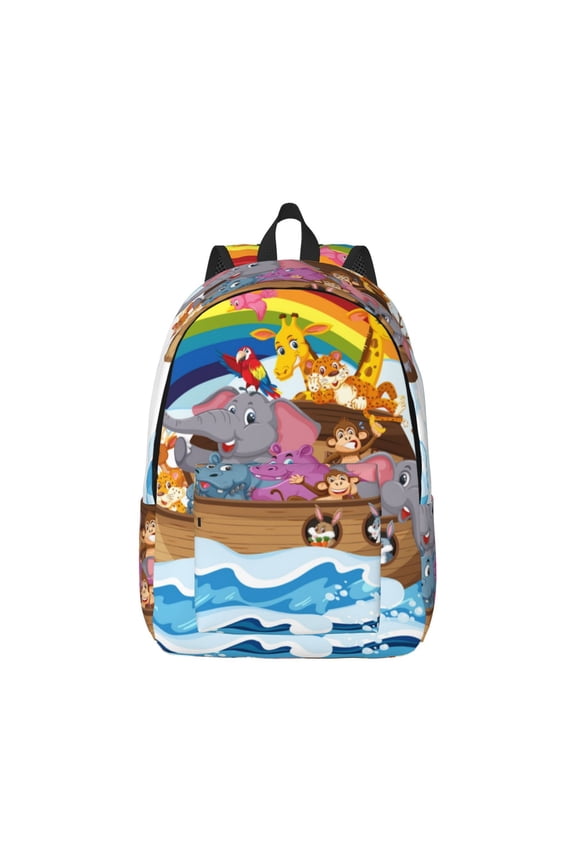 Rainbow Animals on Noah's Ark Print Canvas College Laptop Backpack, Durable Rucksack Travel Notebook Bag School Backpack Book Bag for Men Women-Medium