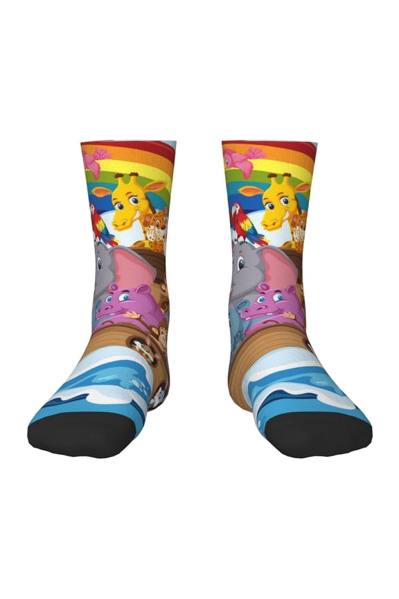Rainbow Animals on Noah's Ark Print Children's Colorful Socks,Unisex Kids and Toddlers' Cushioned Sock,Kids Athletic Crew Socks,for Everyday Wear and Sports