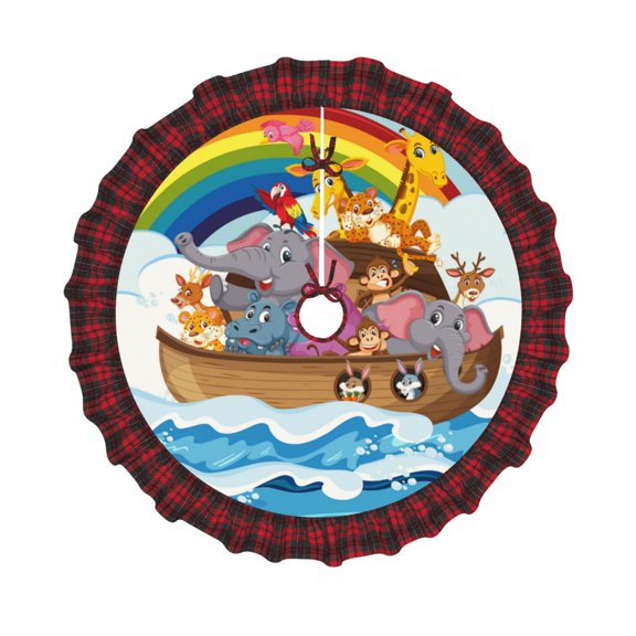 Honeii Rainbow Animals on Noah's Ark Pattern Christmas Tree Skirt, Christmas Ribbon Holly Winter Holiday Tree Mat Decoration-
