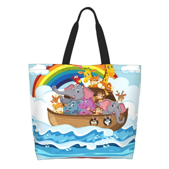 Honeii Rainbow Animals on Noah's Ark Print Tote Bag for Women, Foldable Tote Bag Large Shoulder Bag Top Handle Handbag for Travel, Work
