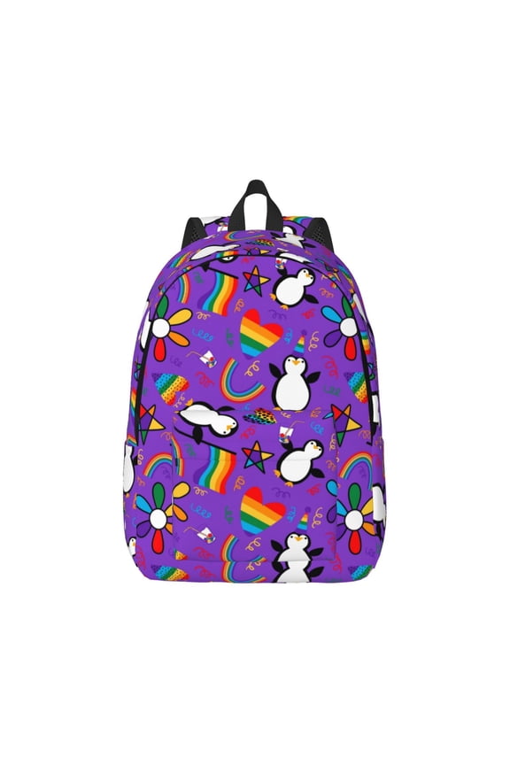 Rainbow Lgbt Penguin Print Canvas College Laptop Backpack, Durable Rucksack Travel Notebook Bag School Backpack Book Bag for Men Women-Medium
