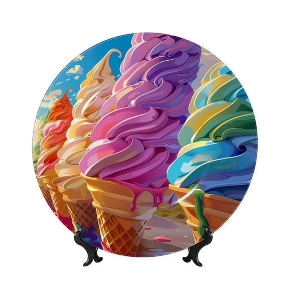 Honeii Rainbow Melting Ice Cream Print Elegant Bone China Decorative Plate, Porcelain Plate,Art Crafts,Ceramic Ornaments for Home Office Wall Decor-6in