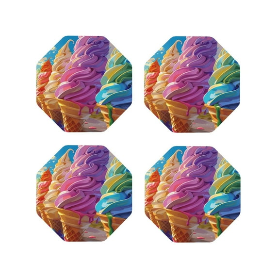 Honeii Rainbow Melting Ice Cream Print Leather Coaster Set of 4, Ideal for Safeguarding Your Furniture from Drinks Spills and Effortless Cleanup-Octagon