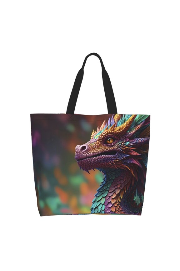Rainbow Scales Fantasy Dragon Print Tote Bag for Women, Foldable Tote Bag Large Shoulder Bag Top Handle Handbag for Travel, Work