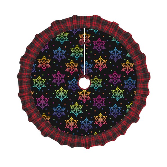 Honeii Rainbow Snowflake Pattern Christmas Tree Skirt, Christmas Ribbon Holly Winter Holiday Tree Mat Decoration-