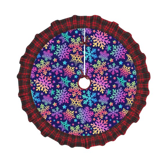 Honeii Rainbow Snowflakes Pattern Christmas Tree Skirt, Christmas Ribbon Holly Winter Holiday Tree Mat Decoration-48"