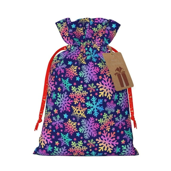 Honeii Rainbow Snowflakes Print Small Burlap Bags,Christmas Drawstring Treat Bags Gift Bags Reusable Candy Goodie Wrapping Bags for Holiday Party Favors Supplies -Medium