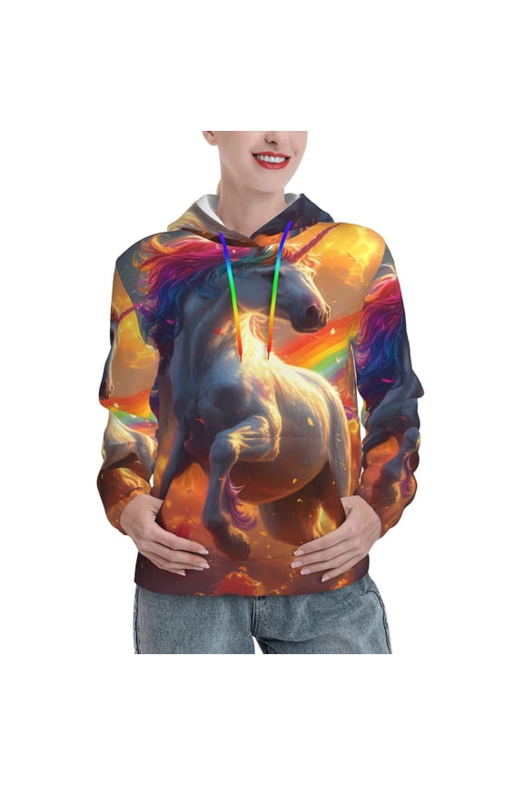 Rainbow Sunset Cloud White Horse Pattern Womens Oversized Hoodies Long Sleeve Sweatshirts Pullover Fall Outfits with Pocket-X-Large