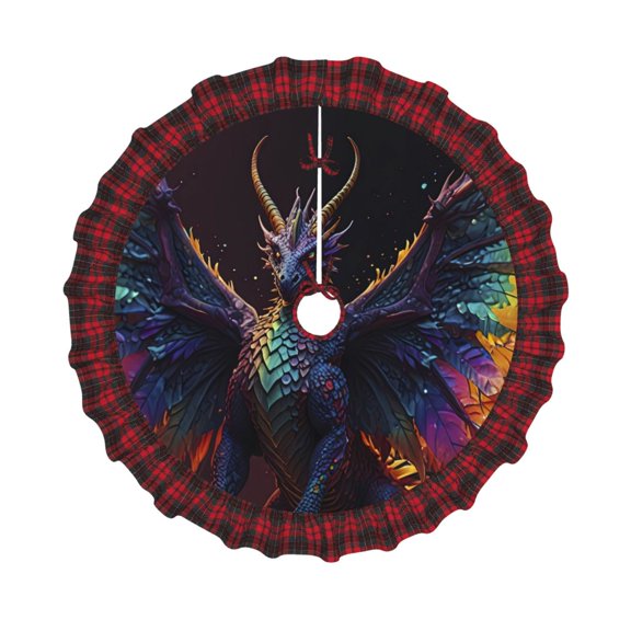Honeii Rainbow Wings Majestic Dragon Pattern Christmas Tree Skirt, Christmas Ribbon Holly Winter Holiday Tree Mat Decoration-