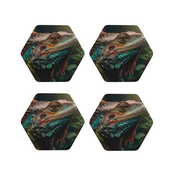 Honeii Realistic Colorful Chameleon print Leather Coaster Set of 4, ideal for safeguarding your furniture from drinks spills and effortless cleanup-Hexagon