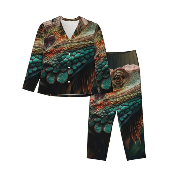 Honeii Realistic Colorful Chameleon print Women's Pajama Sets Long Sleeve Button Down Sleepwear Nightwear Soft Pjs Lounge Sets-Medium