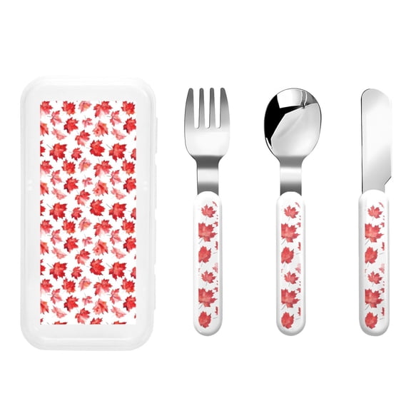 Honeii Realistic Maple Leaf Print Children's Knife, Fork And Spoon Set,Reusable Utensils Set with Case,Travel Cutlery Set,for Kids Adults Camping