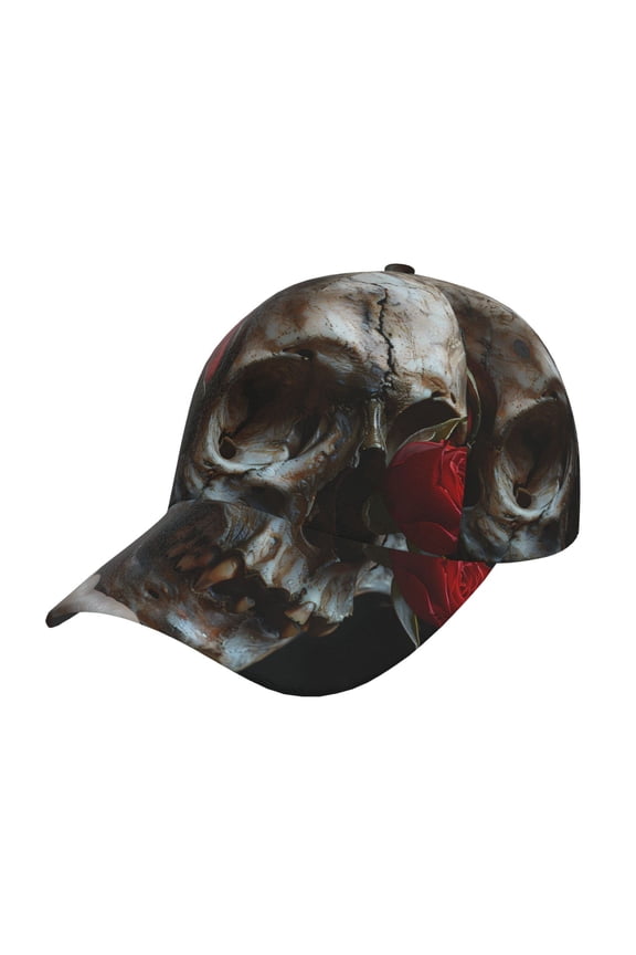 Realistic Rose Skull Print Hat, Women's Baseball Hat Unisex Fit, Baseball Cap,Adjustable One Size