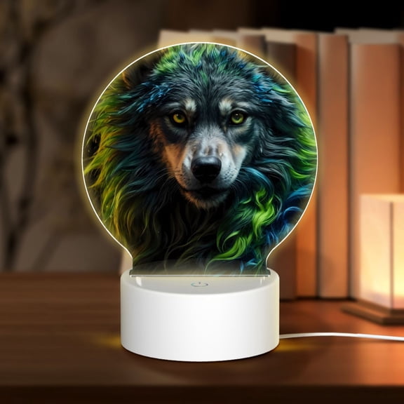 Honeii Realistic Style Colorful Wolf A Print Acrylic LED Night Lamp,Round Touch-Control Night Light with 3 Lighting Modes,for Bedrooms, Living Rooms, and Gifting