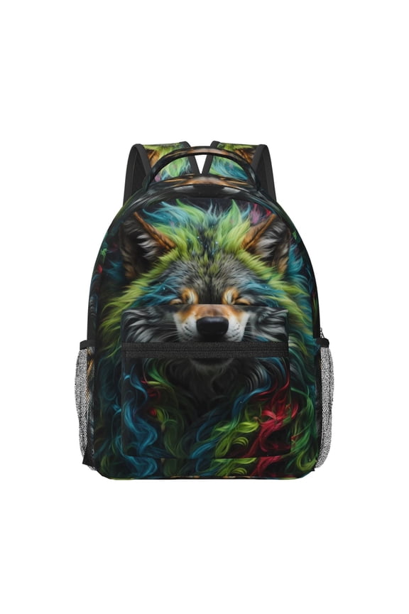 Realistic Style Colorful Wolf Print Backpack for School,15.6 inch Laptop Back Pack for High School and College Students, Waterproof Computer Bookbag-One Size
