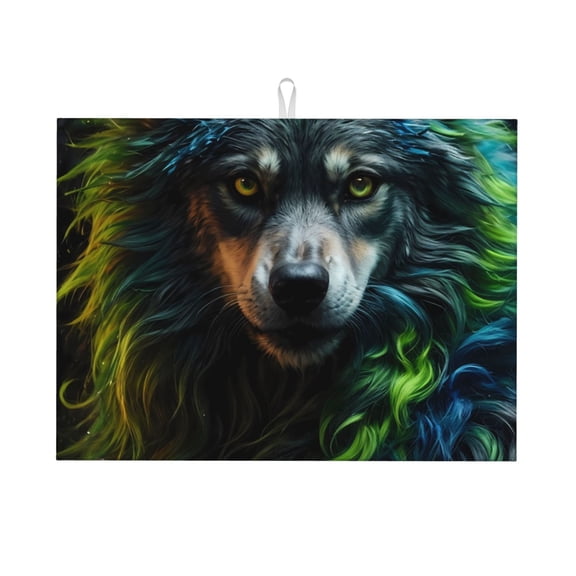 Honeii Realistic Style Colorful Wolf A print Super Absorbent Coffee Bar Mat Hide Stain Coffee Maker Mat for Countertops Coffee Pot Dish Drying Mat for Kitchen Counter