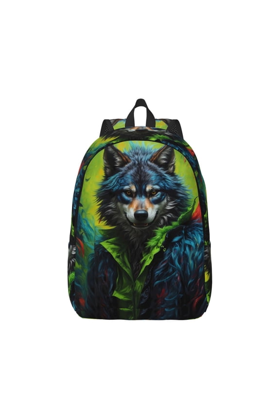 Realistic Style Wolf Warrior Print Canvas College Laptop Backpack, Durable Rucksack Travel Notebook Bag School Backpack Book Bag for Men Women-Medium