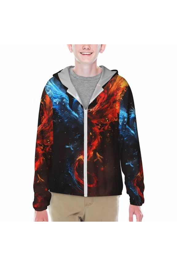 Red And Blue Fire Bird Print Sun Protection Jacket Hooded Cooling Shirt with Pockets Hiking Outdoor Performance-Small