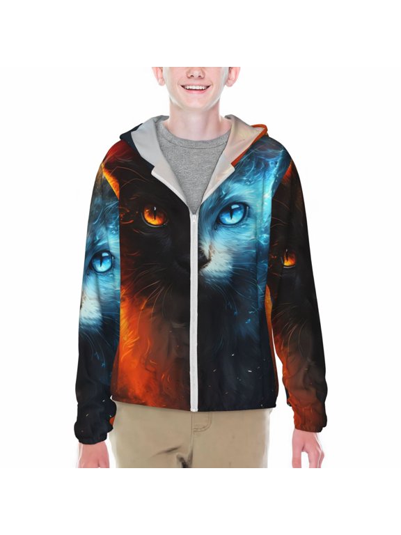 Red And Blue Fire Cat Print Sun Protection Jacket Hooded Cooling Shirt with Pockets Hiking Outdoor Performance-Small