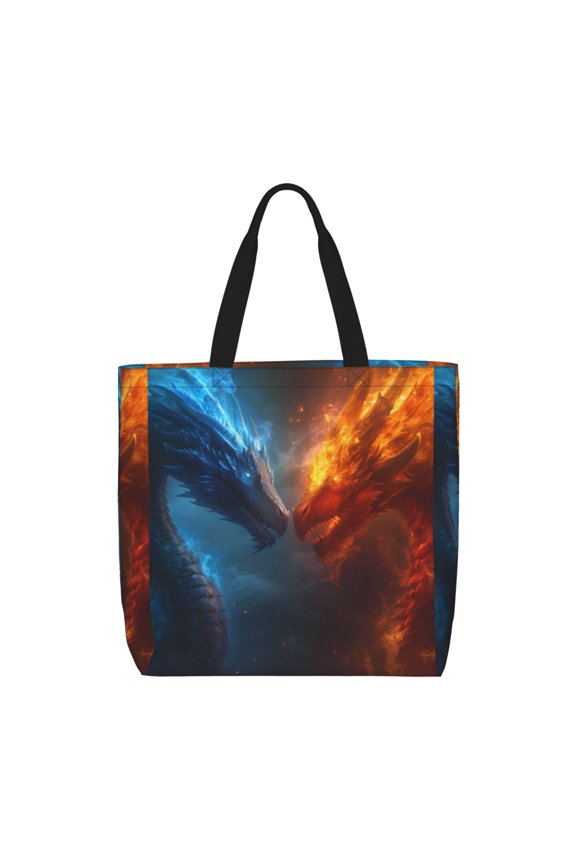 Red And Blue Fire Dragon E Print Tote Bag, Reusable Grocery Shopping Bag,Shoulder Bag with Inner Pocket