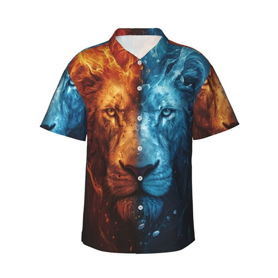 Honeii Red And Blue Fire Lion Print Men’s Hawaiian Shirt,Classic Button-Down Short Sleeve Shirt, for Beach, Vacation, and Outdoor Activities,3X-Large