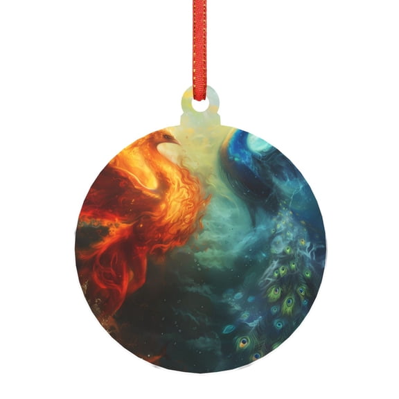 Honeii Red And Blue Fire Peacock Print Christmas Tree Acrylic Ornament | Christmas Decoration, Living Room Bedroom Garden Seasonal Decor for Christmas Tree-Round Shape