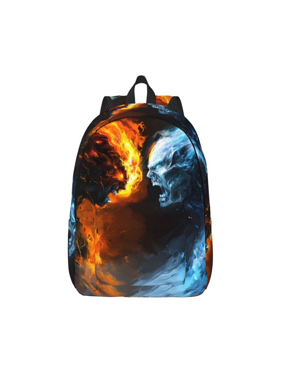 Red And Blue Fire Skull Warrior Print Canvas College Laptop Backpack, Durable Rucksack Travel Notebook Bag School Backpack Book Bag for Men Women-Small