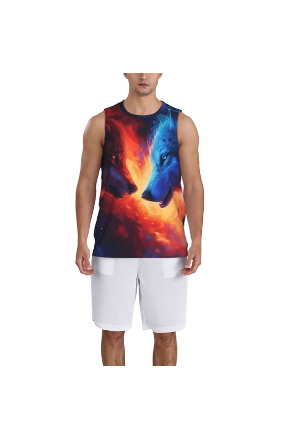 Red And Blue Fire Wolf print basktball shirt for men and women, Unisex basketball jersey for Theme party-Small