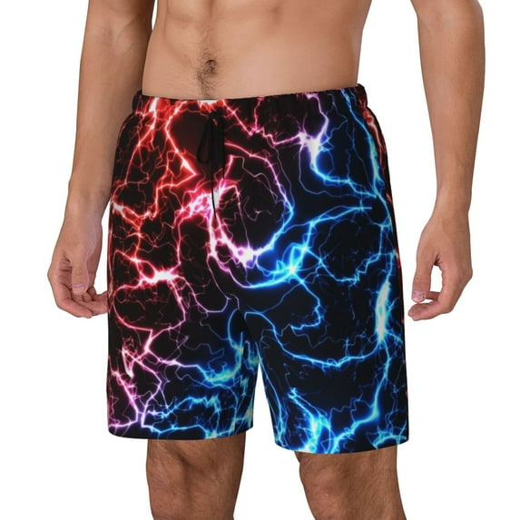 Honeii Red And Blue Lightning Print Men's Swim Shorts,Mens Swim Trunks,Breathable Mesh Beach Shorts for Swimming,Surfing, and Beach Activities-Medium