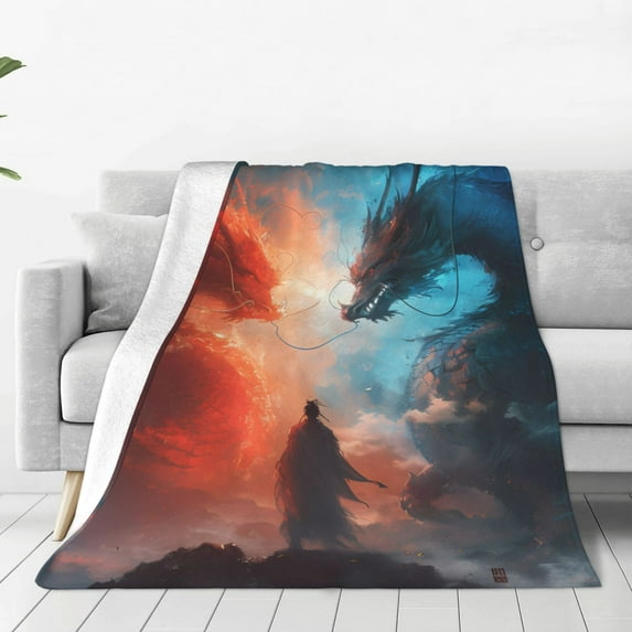 Honeii Red And Blue Sky Dragon Print Fleece Blanket - Throw Blanket for Bed, Sofa, Couch, Camping, and Travel , Microplush Ultra Soft Warm Blanket-40"x30"