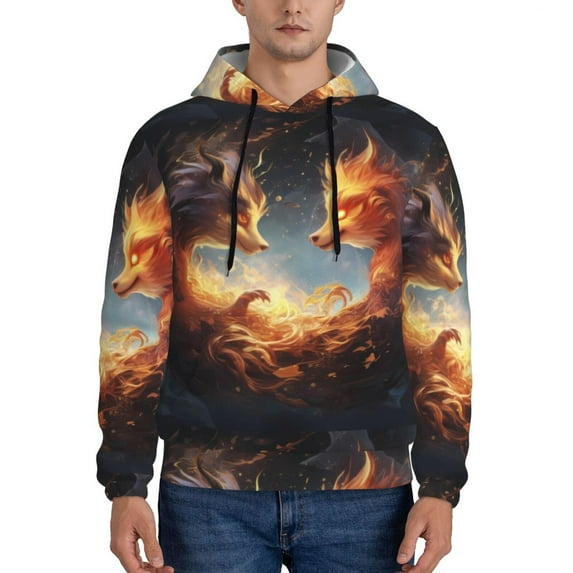 Honeii Red And Gray Flame Fox Pattern Mens Hoodies Men's Loose Sleeve Sweatshirt,Pullover Hooded Sweatshirt for Men,Essentials Hoodie-X-Large