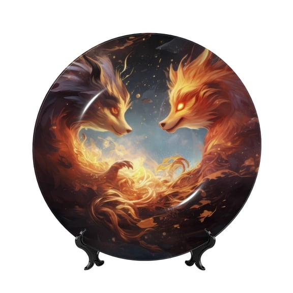 Honeii Red And Gray Flame Fox Print Elegant Bone China Decorative Plate, Porcelain Plate,Art Crafts,Ceramic Ornaments for Home Office Wall Decor-7in