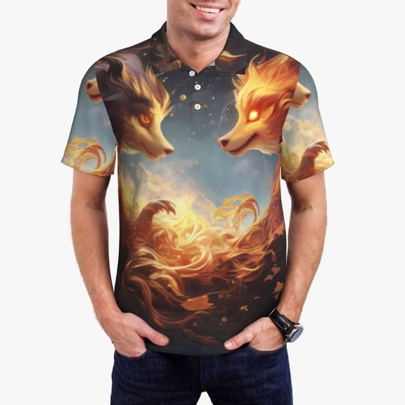 Honeii Red And Gray Flame Fox print Polo Shirt, a classic short-sleeved, button-down golf shirt designed for men4X-Large