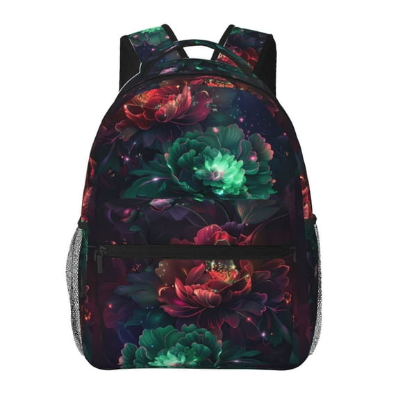 Honeii Red And Green Carnation Print Backpack for Both Men and Women, Basic Bookbag for College, Work, or Travel,Rucksack Computer Bag-One Size