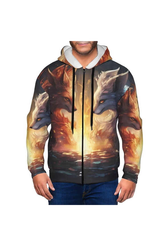 Red And White Flame Fox Print Hoodies for Men, Pullover & Full Zip, Breathable Zip up Hoodie, Sweatshirt-XX-Large