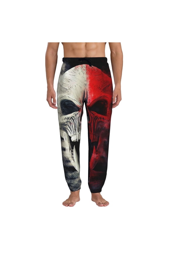 Red And White Screaming Demon Skull Print Mens Jogger Sweatpants, Men's Lounge Pants with Pockets-X-Large