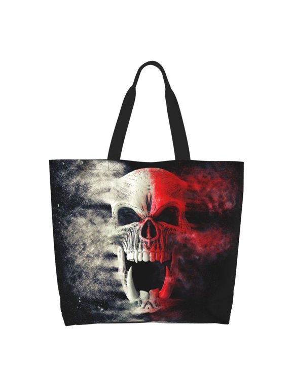 Red And White Screaming Demon Skull Print Tote Bag for Women, Foldable Tote Bag Large Shoulder Bag Top Handle Handbag for Travel, Work