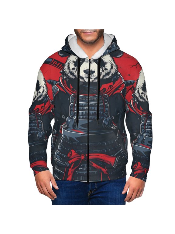 Red Black Eastern Panda Warrior Print Hoodies for Men, Pullover & Full Zip, Breathable Zip up Hoodie, Sweatshirt-3X-Large