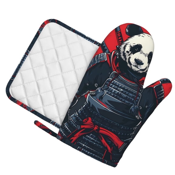 Honeii Red Black Eastern Panda Warrior patten Oven Mitts and Pot Holders Sets, Baker Oven Mitts, Mittens for Kitchen Decor, Baking Lover over Gloves Gifts