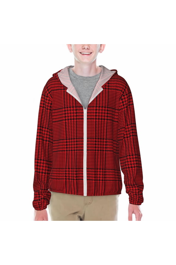Red Black Houndstooth Print Sun Protection Jacket Hooded Cooling Shirt with Pockets Hiking Outdoor Performance-Small