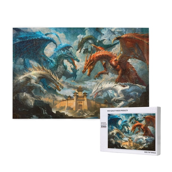 Honeii Red Blue Dragon Battle Epic Pattern 1000 Piece Puzzles for Adults, Jigsaw Puzzles