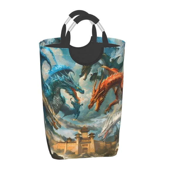 Honeii Red Blue Dragon Battle Epic Print Laundry Hamper Collapsible Laundry Baskets, Freestanding Waterproof Clothes Hamper with Easy Carry Handles