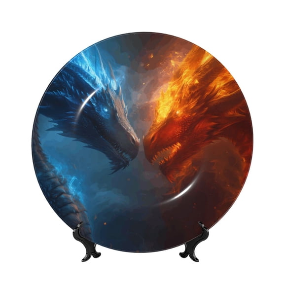 Honeii Red And Blue Fire Dragon E Print Elegant Bone China Decorative Plate, Porcelain Plate,Art Crafts,Ceramic Ornaments for Home Office Wall Decor-6in