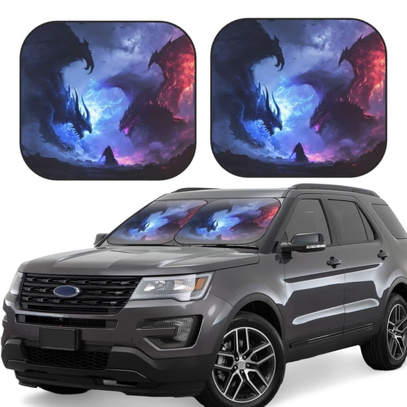 Honeii Red And Blue Fire Dragon Print Foldable Car Sun Shade for Windshield, 2-Piece UV Protection Shade, Protects Car Interior, Ideal for Cars, Trucks, SUVs-Small