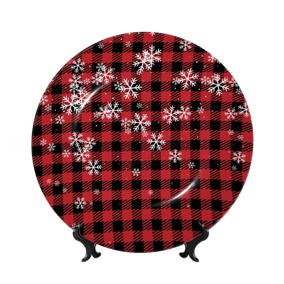 Honeii Red Buffalo Plaid Print Elegant Bone China Decorative Plate, Porcelain Plate,Art Crafts,Ceramic Ornaments for Home Office Wall Decor-7in